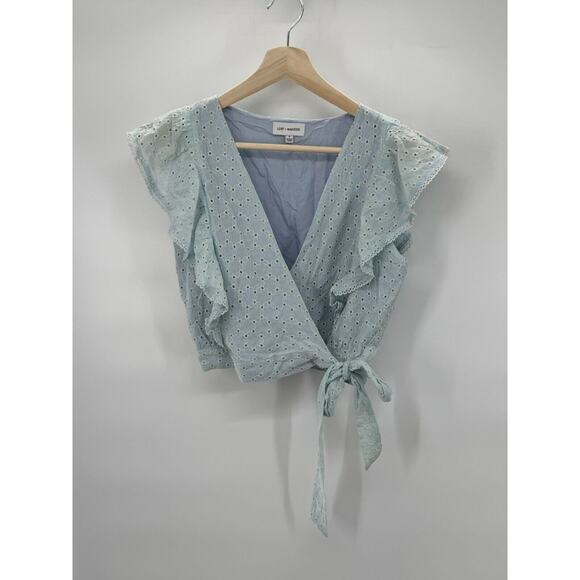 Lost + Wander Womens Top Blue S Eyelet Flutter Sleeve Crop Bottom Side Tie Wrap - Picture 3 of 4